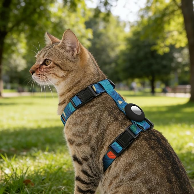 Cat Harness and Leash Set with Airtag Holder for Walking & Travelling, Escape Proof Cat Harness for Small Medium Large Kitten, Adjustable Lightweight Soft Cat Vests(Green Print)