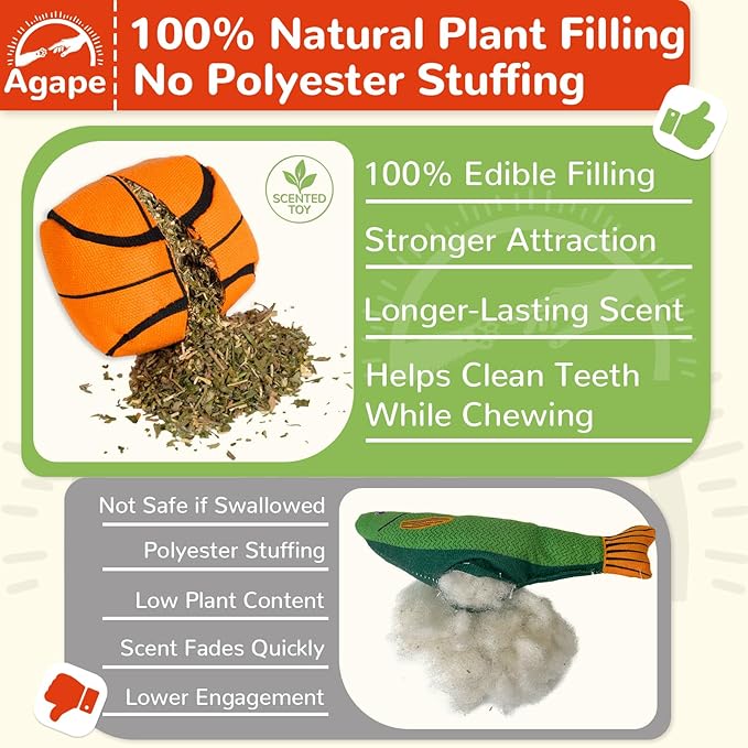 Agape 100% Catnip & Silvervine Filled Cat Toys, Interactive Chew & Kicker Balls for Indoor Cats, Enrichment and Teeth Cleaning Fun for Bored Cats and Kittens, 2 Pack Natural Crinkle Cat Toy with Sound