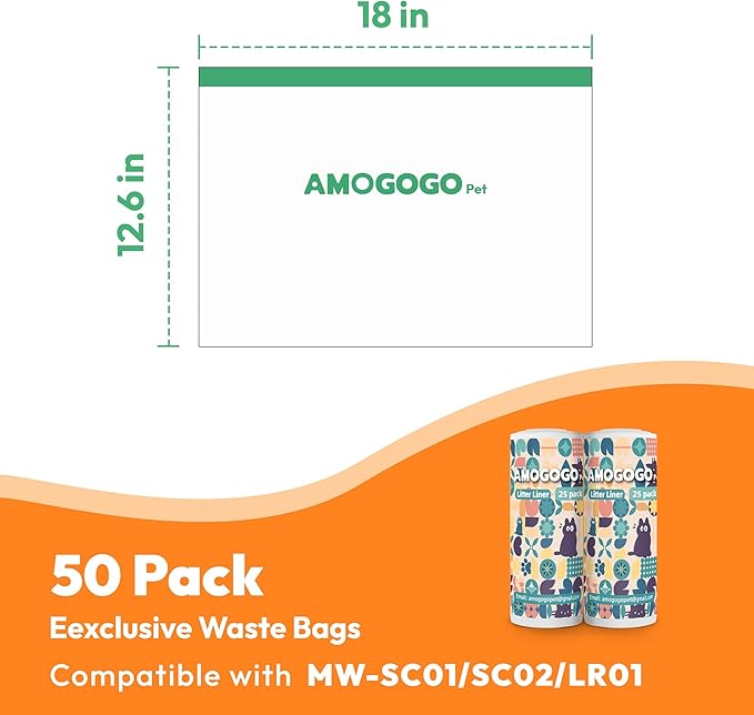 50 Pcs Litter Box Liner Bags, Compatible with Meowant MW-SC01, SC02, SC09 and MW-LR01, Automatic Litter Box Heavy Duty Replacement Waste Bags, Leak-proof Trash Bags, 18.5" x 12.6"