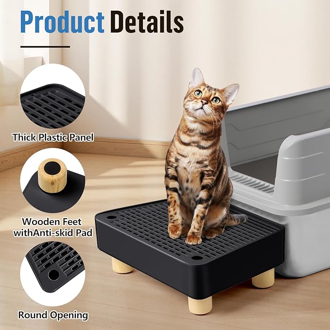 Extra Large Cat Litter Box Step Ramp, Cat's Litter Catcher Mat with Wooden Feet, Filter Function, Pedal Stool for Self-Cleaning Cat Litter Box, Ideal for Kitten & Elderly Cats (Black)