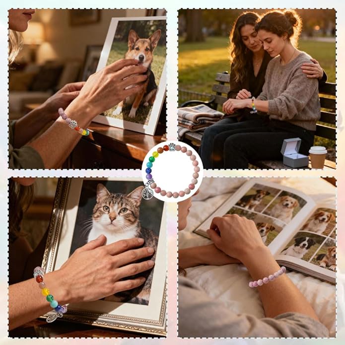 Pet Memorial Gifts, Sympathy Gift for Loss of Dogs and Cats, Chakra Rainbow Bridge Bracelet for Women Men Who Lost Pets