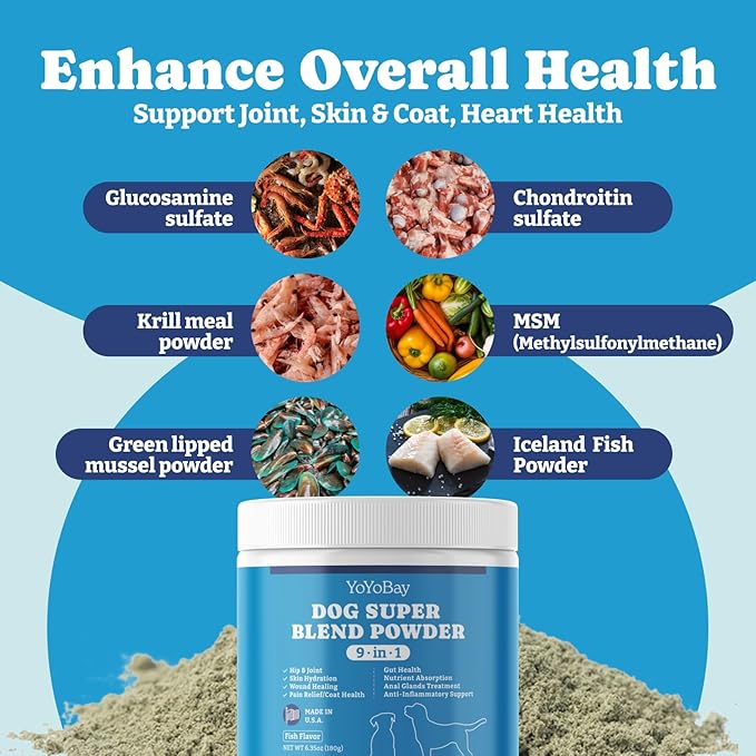 Supplements for Dogs, Dog Supplements Super Blend Powder 9 in 1, Vitamins for Dog, with Iceland Fish Powder, Support Gut Health, Hip and Joint, Multivitamin Support, 6.35oz, Fish Flavor