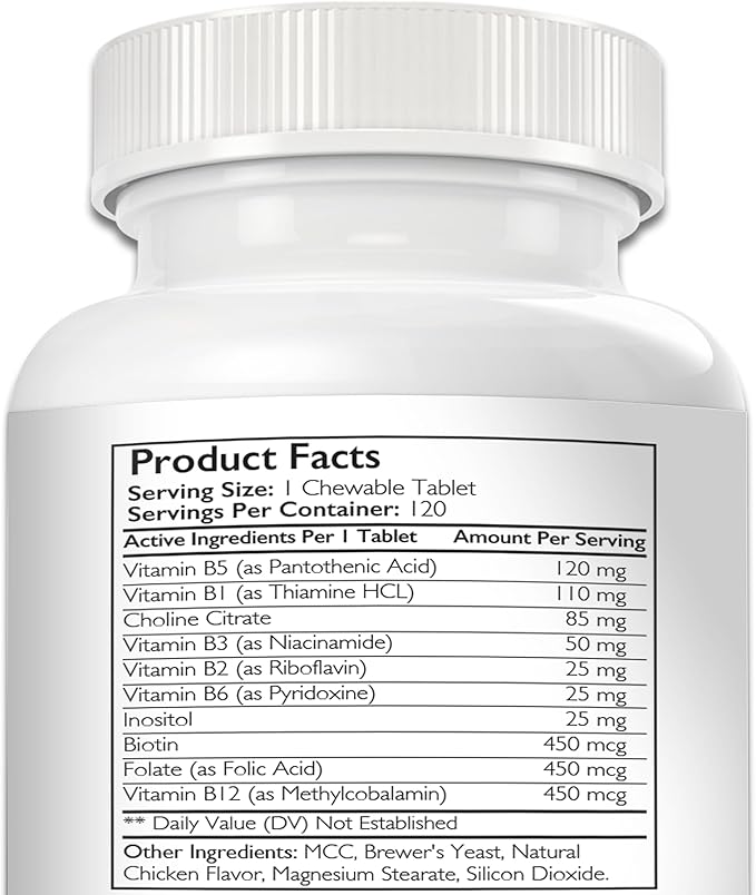 Vitamin B for Dogs, Complete B Complex for Dogs, Promote Blood Cell & Nervous System Health, Help Sustain Cellular Energy Production & Maintain Brain Function, 120 Chewable Tablets