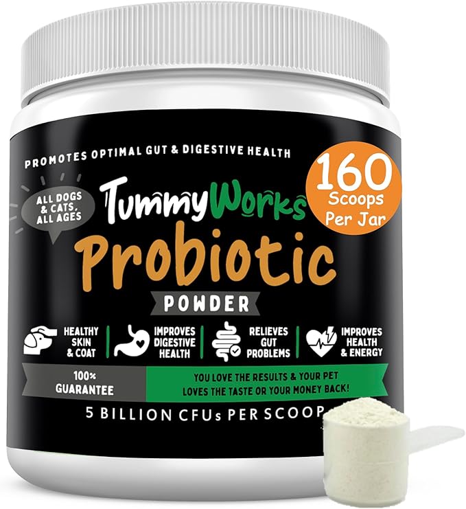 TummyWorks Probiotic Powder for Dogs & Cats. Probiotics For Digestive Health, Immune Support, Diarrhea, Gas, Itching & Seasonal Allergies. With Digestive Enzymes & Prebiotics. Made in USA - 160 Scoops