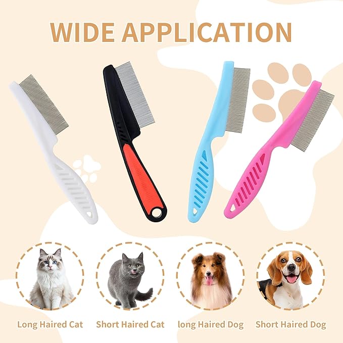 4-Pack Flea Comb for Dogs & Cats - Fine Tooth Stainless Steel Grooming Comb with Anti-Slip Rubber Handle, Removes Fleas, Tangles & Tear Stains (Black, Blue, White & Pink)