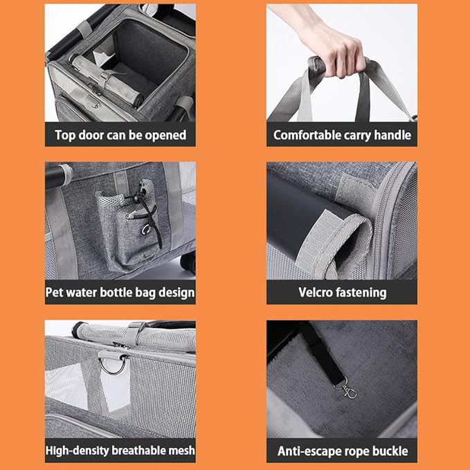 Large Double Pet Carrier with Wheels, Double-Compartment Travel Cat Bag, Cat Outing Portable Isolated Breathable Handbag Trolley Cat Bag for Medium Dogs and All-Breed Cats (Beige, 23.6*15.7*17.7in)