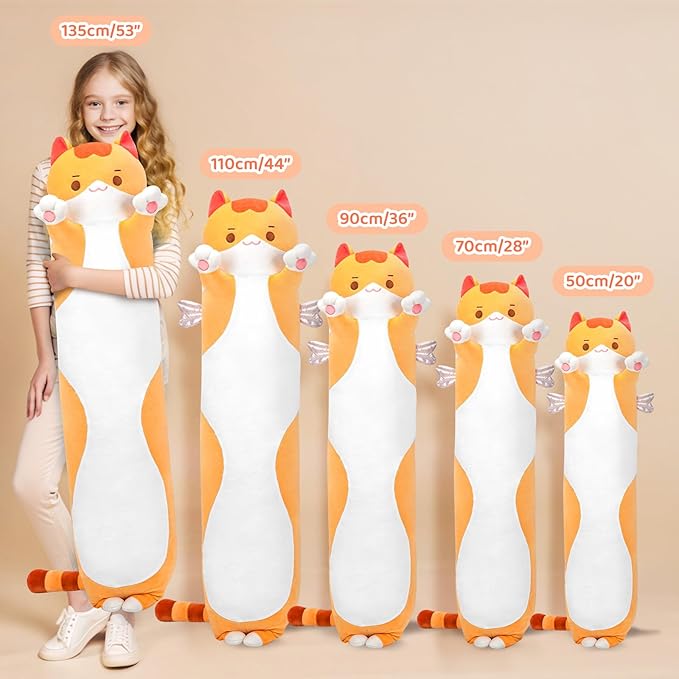 Mewaii Long Cat Plush 5 Sizes, 120% Extra Filling Giant Plushness Kids Body Pillow, Kawaii Cute Brown Cat Stuffed Animals Plushies, Big Long Body Pillow Cat Plush Gift for Girls 53”