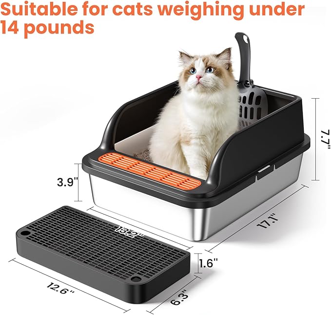 Stainless Steel Cat Litter Box, Metal Kitty Litter Box Includes Litter Mat & Scoop, Easy Cleaning Anti-Scratch Kitty Cat Box Anti-Urine Leakage, Non-Sticky, Perfect for Small Cats, Black