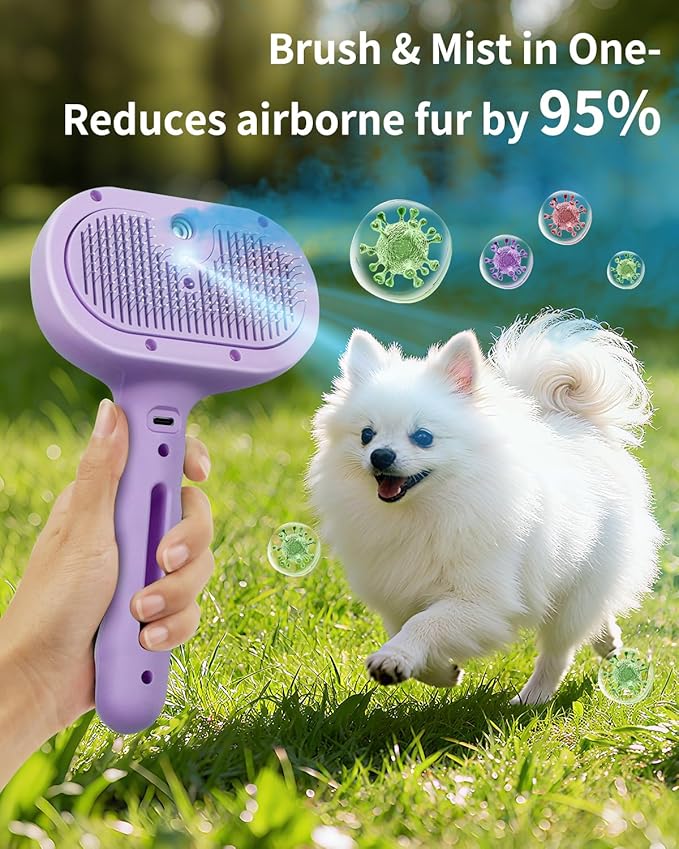 Dog Steam Brush 3 in 1 Cat Brushes with Steam, Release Button Grooming Brush for Pets Cats Dogs, Hair Removal Shedding for Small Animals Long Short Haired - Purple