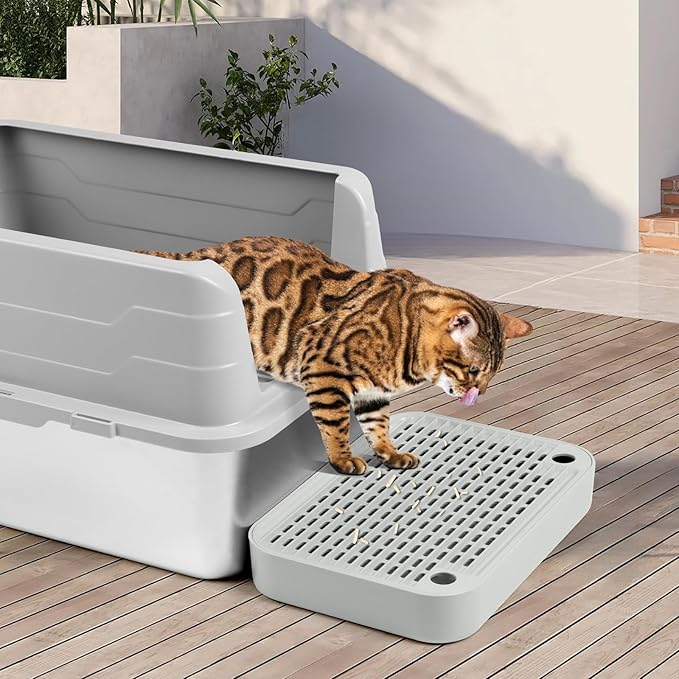 Kalolary Cat Litter Box Ramp with Filter Layer – Non-Slip Steps for Litter Box, Ideal for Small and Senior Cats, Litter Catcher Pedal, Durable, Easy to Clean (Light Grey Flat)