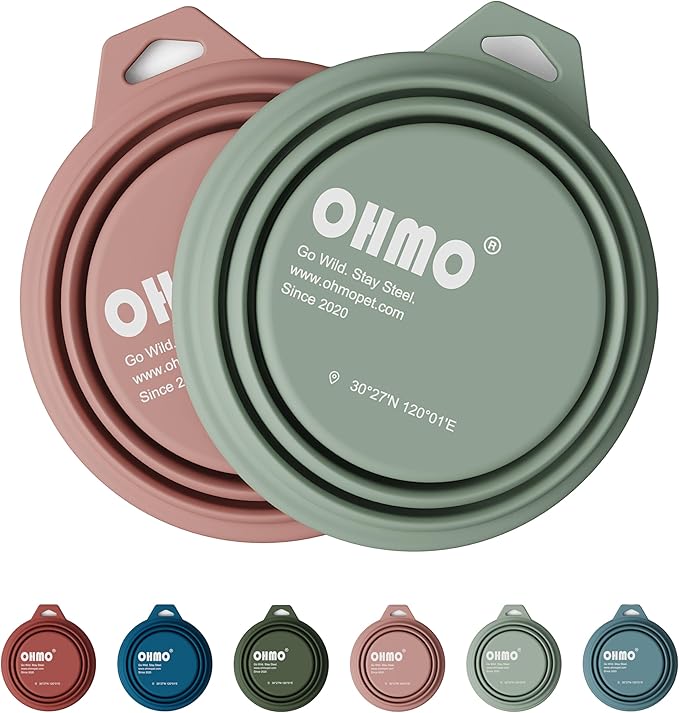 OHMO Collapsible Dog Water Bowls w/Built-in Stainless Steel Ring – 2pcs Small 12oz/400ml Portable Silicone Pet Feeding Bowl for Hiking, Camping, Travel