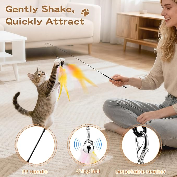 Pawaboo Feather Teaser Cat Toy, Interactive Feather Wands Cats Toy Flying Feathers Cat Catcher with Extra Long 34.5" Wand and Small Bell, Exerciser Playing Toys, 1 Wand + 10 Feathers, Multicolored