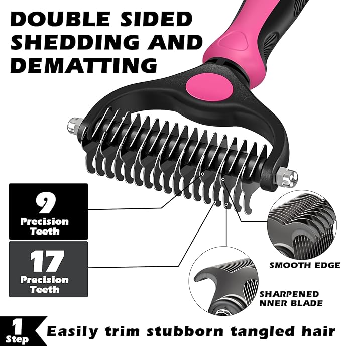 3PCS Self Cleaning Slicker Brush & Pet Grooming Rake & Flea Comb for Dogs,Cats and Horses | Double-Sided Dematting Comb & Skin Friendly Deshedding Grooming Tool (Red)