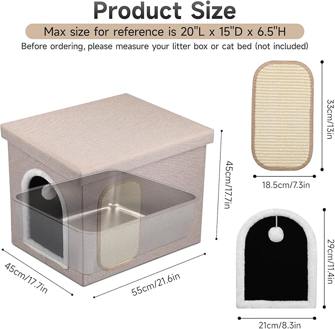 Cat Litter Box Enclosure, Foldable Hidden Litter Box with Mesh Storage Bag, Litter Box Furniture Hidden with Waterproof Inside, Easy Clean, Odor Control, Easy Assembly, 21.6”L x 17.7”D x 17.7”H, Beige