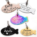 Stainless Steel Cat ID Tag Personalized Pet Tags with up to 4 Lines of Custom Text, Small Pet Mini Dog Cat Tag Lightweight, Engraved on Both Sides, Multiple Patterns Colors Size Options (Fish Pattern)