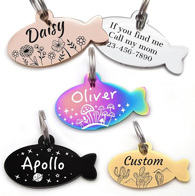 Stainless Steel Cat ID Tag Personalized Pet Tags with up to 4 Lines of Custom Text, Small Pet Mini Dog Cat Tag Lightweight, Engraved on Both Sides, Multiple Patterns Colors Size Options (Fish Pattern)