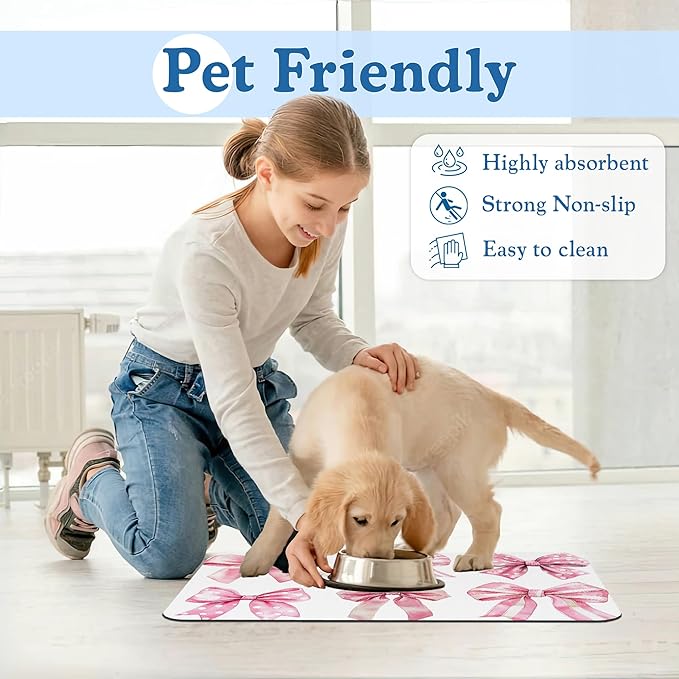 Pink Bows Dog Cat Food Mat–Christmas Stocking Absorbent Waterproof Placemat for Food and Water Bowls, Non Slip Rubber Backing, Feeding Mat for Clean Floors 16"x24"