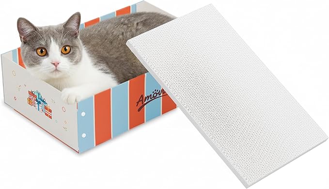 Cat Scratcher Box & Bed – Durable Grayboard Cat Lounge with White Wood-Pulp Scratch Pad, Easy Assembly & Dopamine Color Design for Indoor Cats