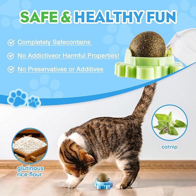 Catnip Balls 4 Pack Wall Mounted Catnip Balls 360° Rotatable Interactive Cat Toys for Indoor Cats Anxiety Relief & Teeth Cleaning Chew Toys