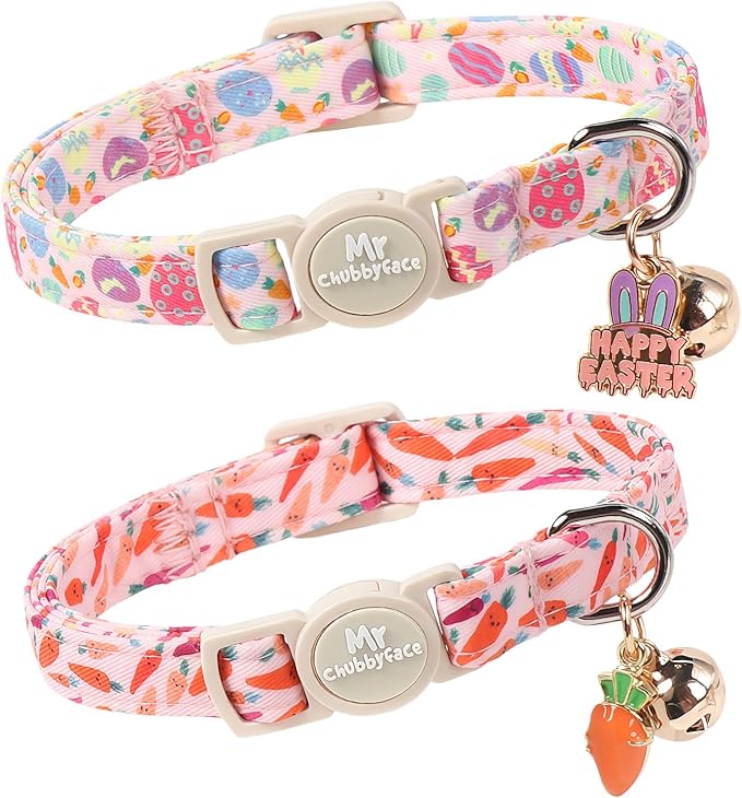 2 Pack Easter Cat Collar, Colorful Carrot& Carrot Egg Pattern Kitten Breakaway Collar,Adjustable Durable Easter Collar with Bell&Pendent for Female Male Cat