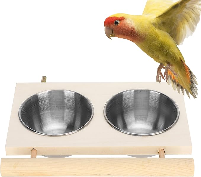 Bird Food Stainless Steel Cups, Parrots Feeding Dish Cups with Wooden Platform, Stainless Steel Food Water Feeder Cage Accessory with StandDouble Bowl