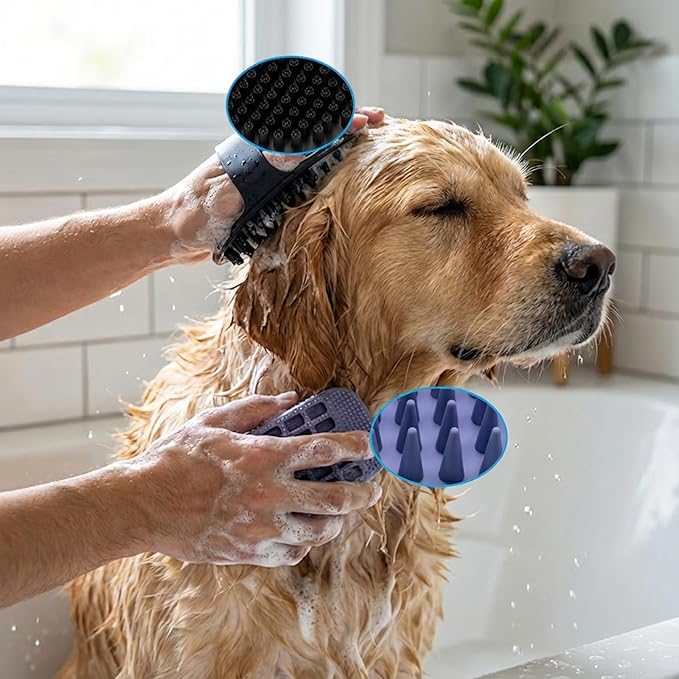 Dog Brush Kit for Grooming Short & Long Haired Dogs & Cats, 4-in-1 Pet Grooming Set with Self-Cleaning Slicker Brush, Deshedding Tool, Shampoo Bath Comb, Massge Comb (Blue Black)