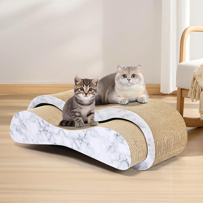 Simple Delxue 2 in 1 Cat Scratcher Cardboard Lounge Bed, Cat Scratching Post, Durable Board Pads Prevents Furniture Damage,Large,Marble White