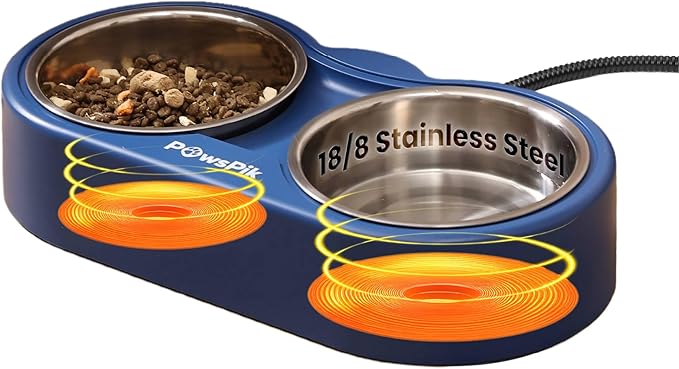 PawsPik Heated Water Bowl for Cats, 18/8 Stainless Steel Heated Pet Bowl, Outdoor Cat Bowl in Winter, Blue, 3 Cups