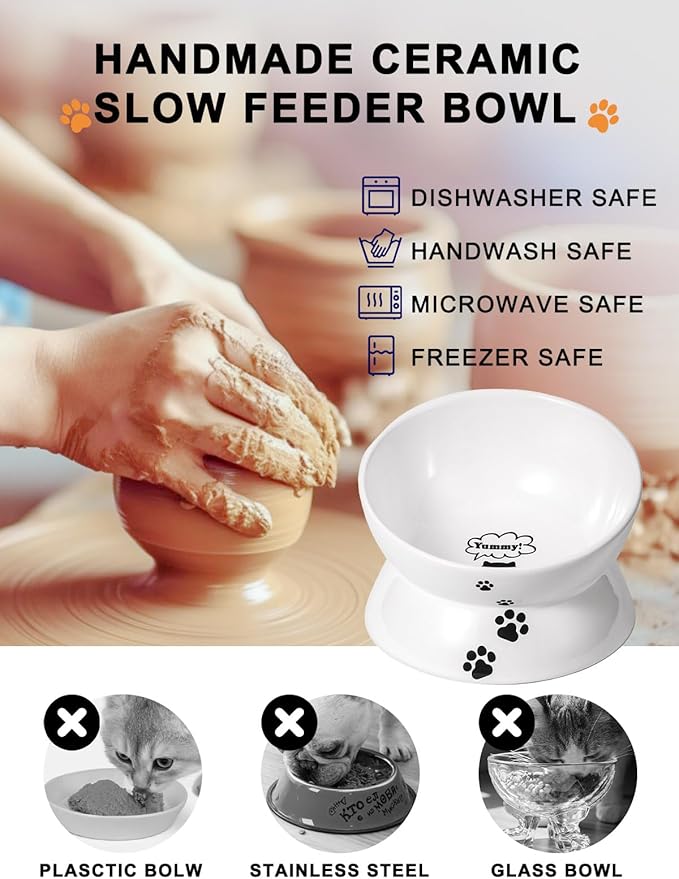 Y YHY Large Raised Cat Food Bowl, 7 Inch Tilted Elevated Bowl, Ceramic Pet Food Bowl for Adult Cats and Medium Dogs, Anti Vomiting, Protects Pet's Spine, Dishwasher Safe