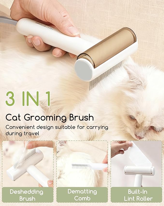 3-in-1 Cat Comb for DeShedding with Built-in Lint Roller Pet Hair Remover Suitable for Travel Undercoat Brush for Indoor Cats Metal Dematting Grooming Tool for Detangling Matted or Knotted Fur