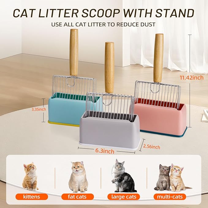 Metal Cat Litter Scoop Kitty Metal Scooper with Hook and Hole, Heavy Duty Stainless Steel Shovel with Wooden Stainless Steel Kitten Poop Lifter for Litter Box(Blue)