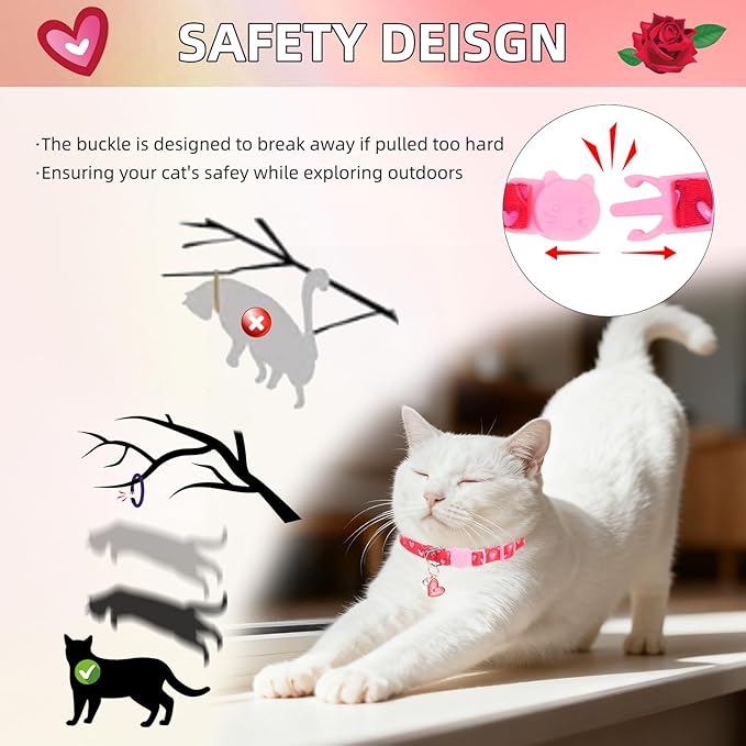 PUPTECK Valentine Breakaway Cute Cat Collar with Bell Charm for Kitty, 2 Packs Adjustable Kitten Collars Rose and Love Pattern, Pink, 7.8-11.8 in