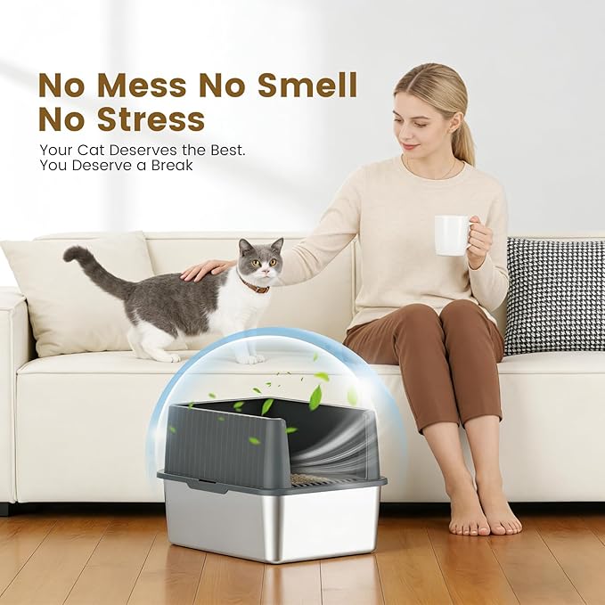 Small Stainless Steel Cat Litter Box - 11.8" High Sided, Open-Top Design,Low Entry for Kittens & Small Cats, Anti-Leak & Easy to Clean, Compact Space-Saving Size(17.3"L x 13.4"W × 11.8"H),Gray