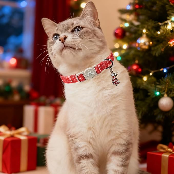 2 Pack Cat Collar, Cute Christmas Red and Green Tree Breakaway Kitty Collar with Bell&Pendent, Soft Adjustable Safety Cat Collar for Female Male Cats