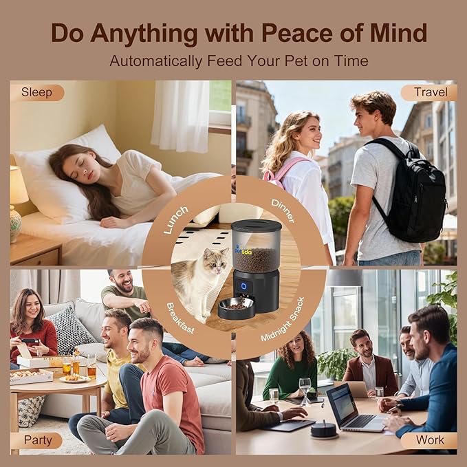 Automatic Cat Feeders 4L Timed Dry Food Dispenser WiFi 10 Meals Programmable 1-12 Portion Per Day with APP Control Dual Power Supply with Stainless Bowl for Multi-Pet Easy Clean