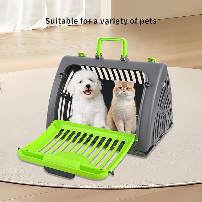 Foldable Travel Cat Carrier, Small Cat Carrier Hard Up to 25lbs, 18" Lx14.5 Wx14 H Front Open Type Plastic Cat Carriers, Green