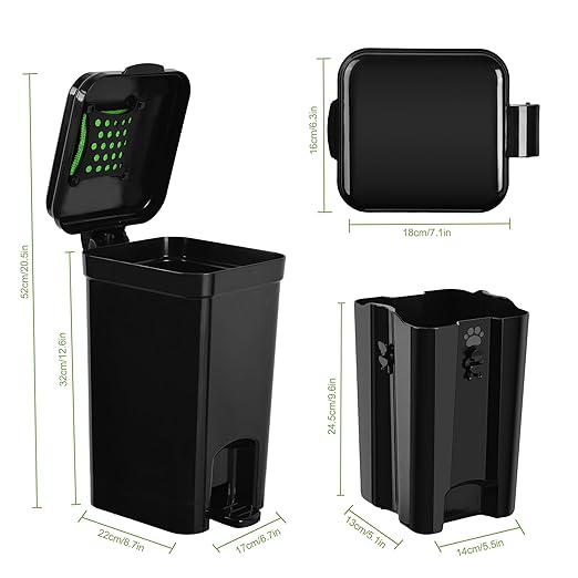 Dog Poop Trash Can & Portable Cat Litter Disposal, All-Black ABS Material, 5-Liter Trash Can with 20PCS Waste Bags.ABS-BK,US