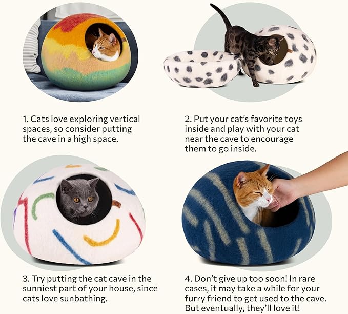 MEOWFIA Cat Cave – Premium Felt Cat Bed for Indoor Cats, Handmade Merino Wool (Shining Tiger, Large)