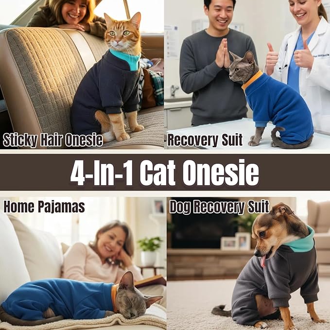 T'CHAQUE Sticky Hair Cat Onesie - Soft Long Sleeve Cat Pajamas, Anti-Shedding,Surgery Recovery Suit, Wound Protection & Preventing Licking, Kittens Sweaters for Male Female, Darkgray-S