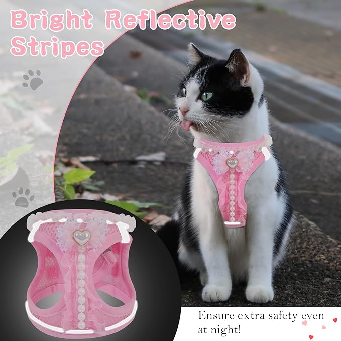 Cat Harness and Leash Set,Escape Proof Adjustable Kitten Harness with Cute Pink Bow,Breathable Reflective Strips Harness for Kitty Puppy Bunny for Walk Travel and Indoor Use (Pink, Small)