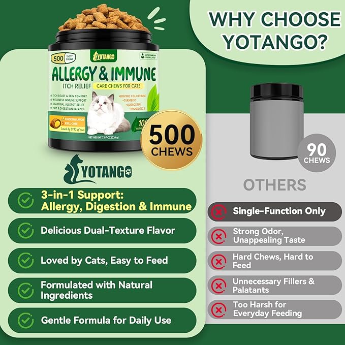 YOTANGO 3-in-1 Cat Allergy Relief for Cats Kittens, 500 Crunchy Chews for Cat Allergy & Itchy Skin Relief + Immune Support + Digestive Support, with Colostrum and Probiotics 500M CFU (Chicken Flavor)
