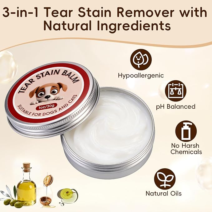 Pet Tear Stain Remover Balm with Brush, 3-in-1 Tear Stain Remover Kit, Gentle Facial, Eye Comb, Gentle Eye Care for Dogs Cats, Daily Facial Cleanser to Remove Stains, Safe Non-Irritating, 1 Oz