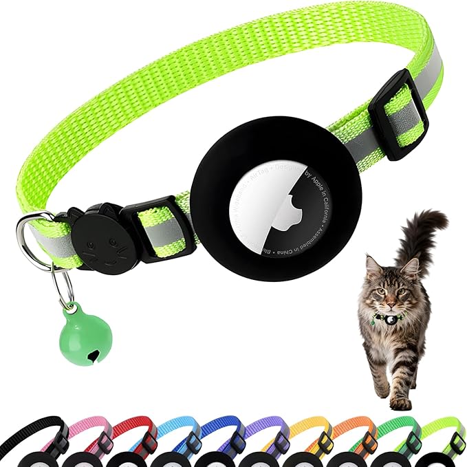 Airtag Cat Collar with Bell, Reflective Nylon Kitten Collar with Apple Air Tag Holder and Breakaway Safety Buckle for Puppy Girl Boy Cats, 3/8" in Width and Lightweight, Fluorescent