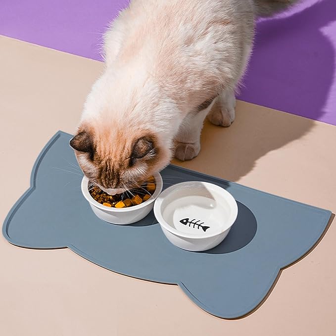 Cat Food Mat, Silicone Non Slip Dog Bowl Mat Waterproof Cat Feeding Mat Stop Food Spills and Water Messes Out to Floor Pet Food Mat (Stone Blue, 20" x 12")