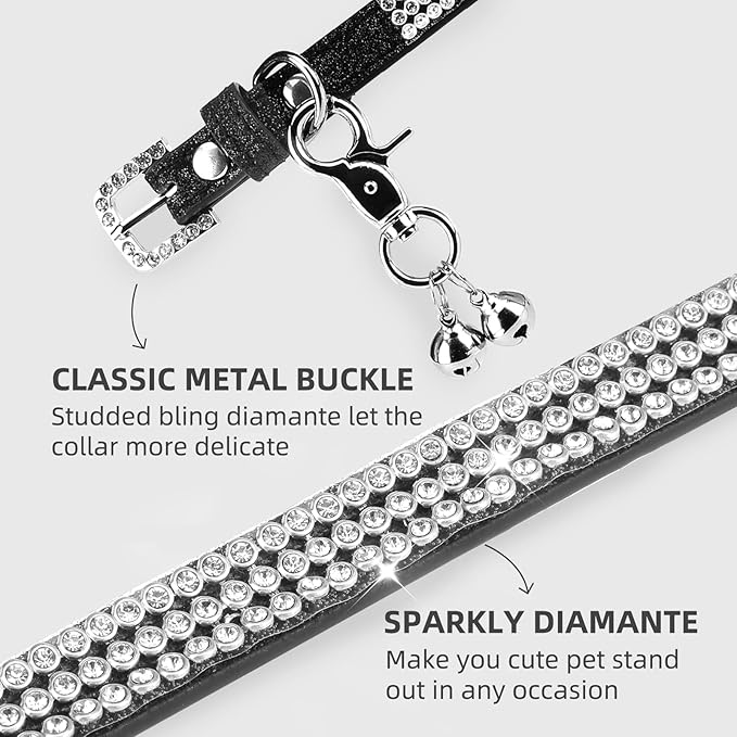PUPTECK Basic Adjustable Cat Collar with Bling Diamond and Double Bells, for Kitten and Small Puppy, Fashion and Shining Dog Rhinestone Collars, 6-8 in, Black