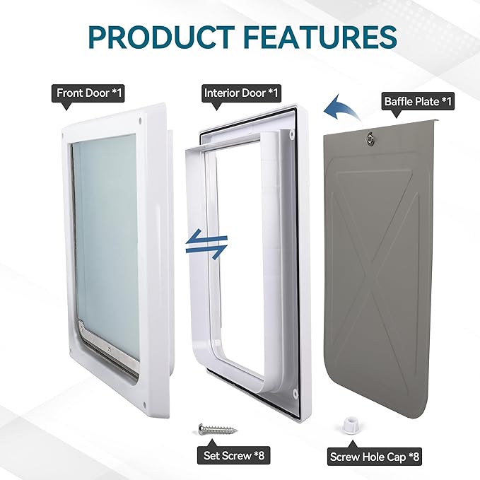 PAWISE 2 Way Dog Door, Lockable Doggy Door with Safe Metal Panel & Flexible Transparent Flap, Weatherproof & Easy Install Pet Door for Dogs and Cats, Quiet Design Dog Flap (9.8"x11.4")