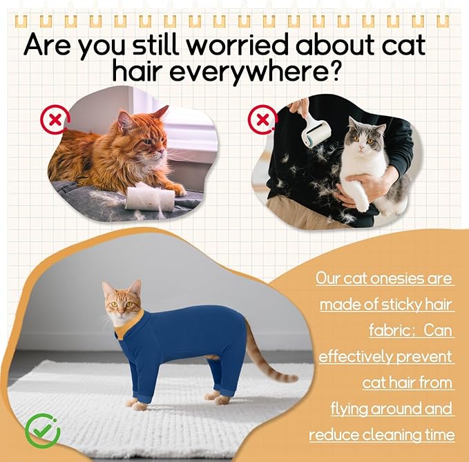 T'CHAQUE Sticky Hair Cat Onesie - Soft Long Sleeve Cat Pajamas, Anti-Shedding,Surgery Recovery Suit, Wound Protection & Preventing Licking, Kitten Sweaters for Male Female, Blue-S