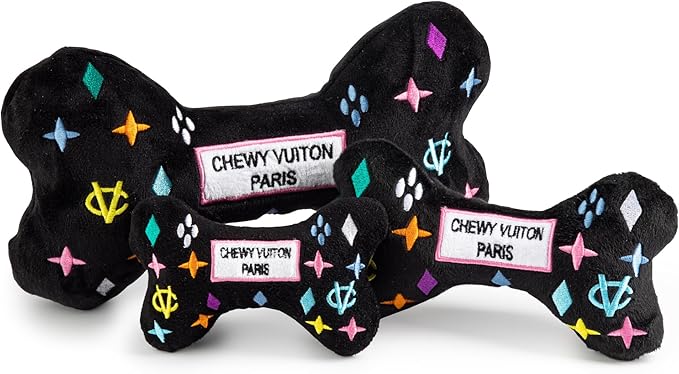 Haute Diggity Dog Black Monogram Chewy Vuiton Bone, Plush Designer Dog Toys with Interactive Squeaker, Stimulating Pet Enrichment, Machine-Washable & Safe Materials for All Breeds, Size Large