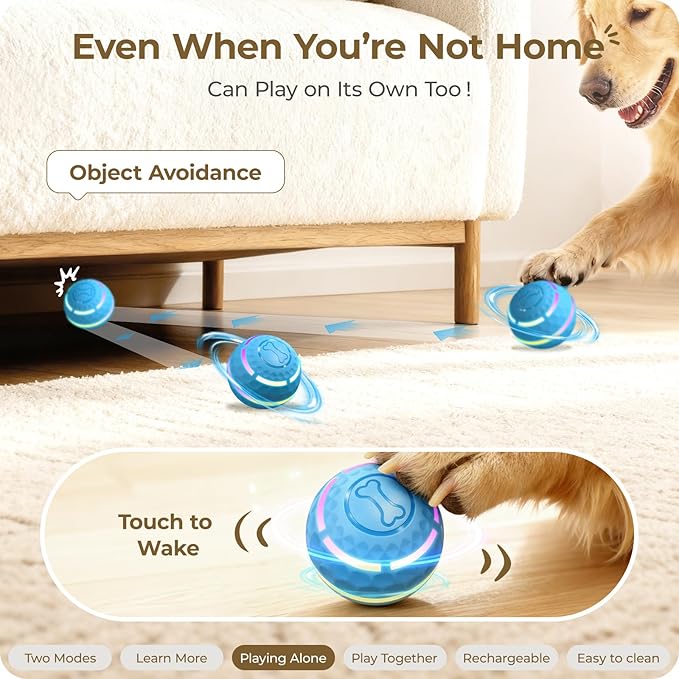 Apasiri Interactive Dog Toys: Automatic Moving Dog Balls with LED Lights, Puppy Toy to Keep Them Busy, Duraspin Dog Ball for Small,Medium,Large Dogs, Dog Toys for Aggressive Chewers,Rechargeable(Blue)