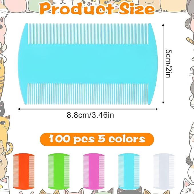 100 Pcs Pet Flea Combs, Double Sided Fine & Wide Tooth Comb for Cats and Dogs, 5-Color Assortment for Tear Stain Removal, Flea, Lice, and Dandruff Grooming Tool